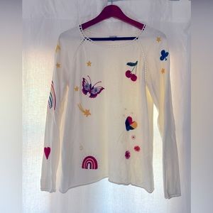 Johnny Was - white sweater w embroidered butterflies etc - size small